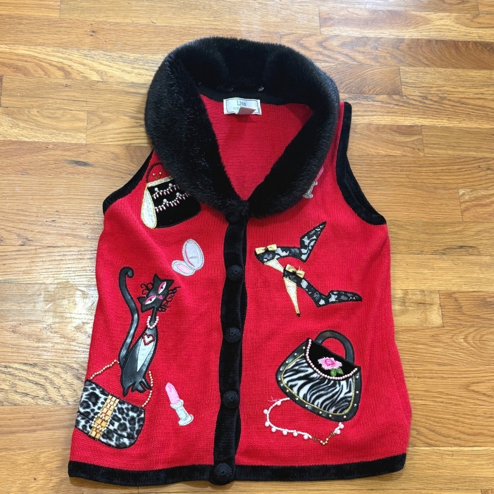 Lisa International Red Novelty Knit Sweater Vest Faux Fur Collar Cat Fashion S